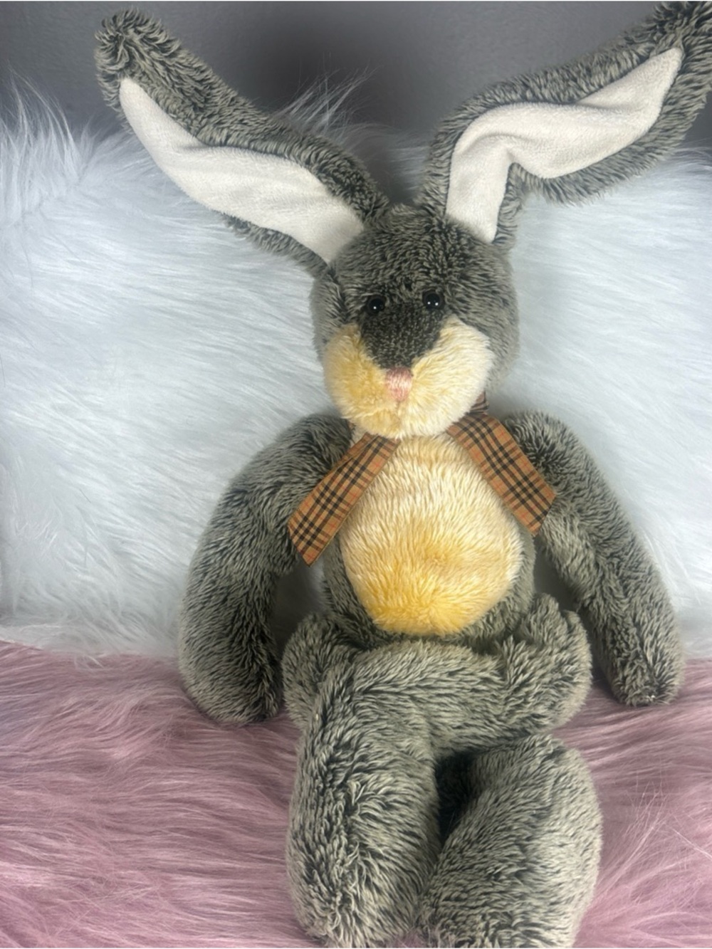 Hamilton Gray Plush Bunny with Cream-Yellow Belly and Plaid Bow